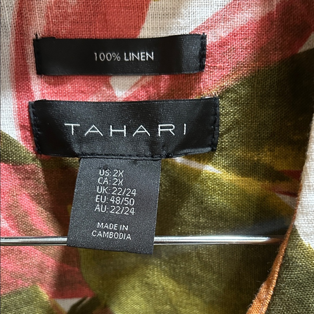 Tahari-Chartreuse and Multicolor Leaf Print Ladies 100 % Linen Shirts - Picture 4 of 12